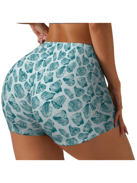Teal turquoise shell Print Women's Biker Shorts,Workout Gym Shorts,Scrunch Shorts,Tummy Control Hidden Scrunch Running Yoga Shorts-XX-Large