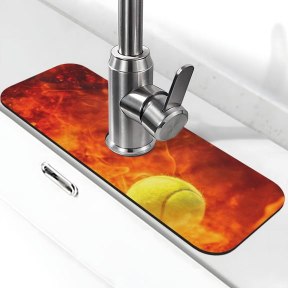 Logiee Tennis Ball In Fire Print Kitchen Sink Splash Guard Faucet Mat for Splash Guard Behind Faucet Drip Catcher for Kitchen,Bathroom,Sink Mat,Dish Drying Mat,Bathroom-15" X 5.5"