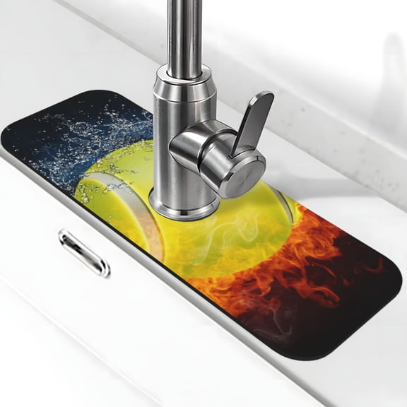 Logiee Tennis Ball In Fire And Water Print Kitchen Sink Splash Guard Faucet Mat for Splash Guard Behind Faucet Drip Catcher for Kitchen,Bathroom,Sink Mat,Dish Drying Mat,Bathroom-15" X 5.5"