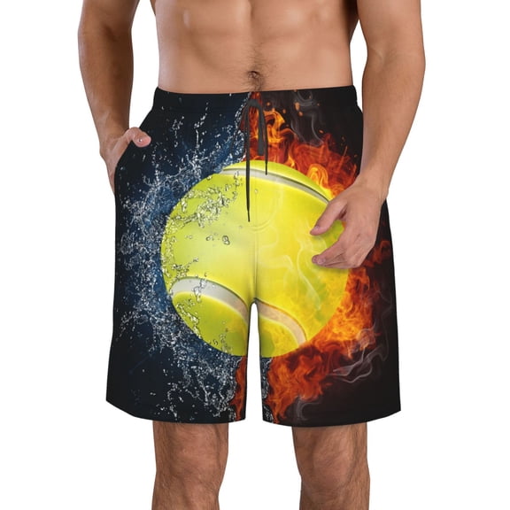 Logiee Tennis Ball In Fire And Water Print Mens Swim Trunks Quick Dry Board Shorts,Breathable Hawaii Beach Shorts Swimwear Bathing Suits-Small