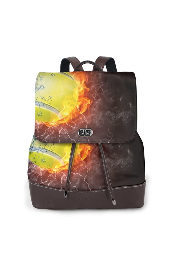 Logiee Tennis Ball On Fire And Water Print Backpack Purse for Women,Fashion Leather Backpack Purse,Women's Leather Backpack for Work College Travel