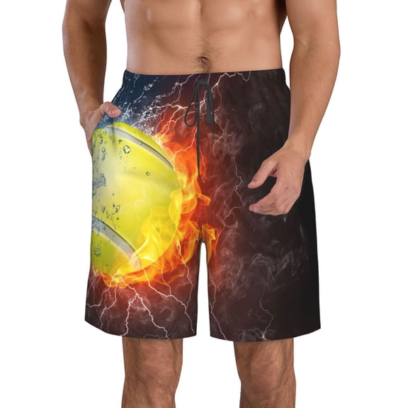 Logiee Tennis Ball On Fire And Water Print Mens Swim Trunks Quick Dry Board Shorts,Breathable Hawaii Beach Shorts Swimwear Bathing Suits-Small
