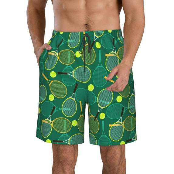 Logiee Tennis Rackets and Balls Print Mens Swim Trunks Quick Dry Board Shorts,Breathable Hawaii Beach Shorts Swimwear Bathing Suits-Medium