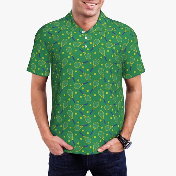 Logiee Tennis Rockets And Balls Print Mens Polo Shirts,Mens Golf Polo Shirts,Short Sleeve Casual Polo Shirts for Men,Summer Fashion Beach Shirts-Small