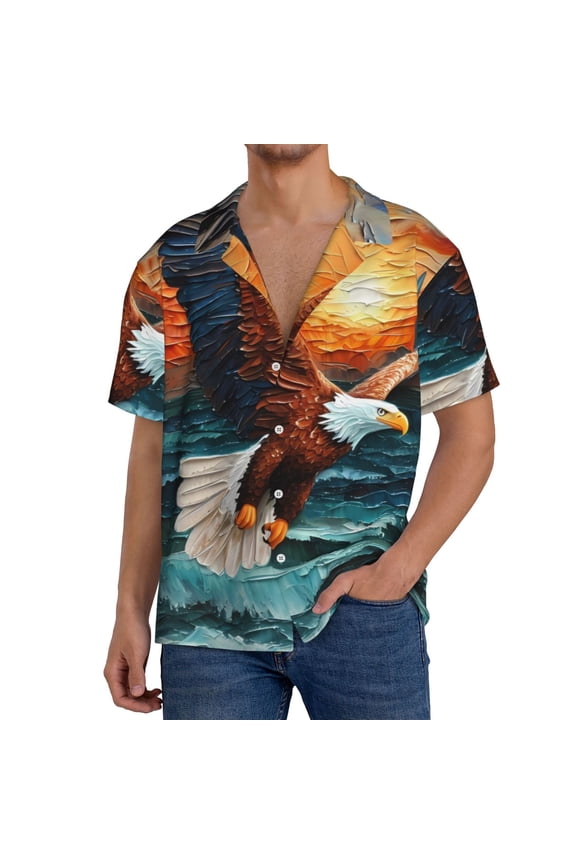 Textured Bald Eagle Print Men's Button Down Shirts Short Sleeve, Summer Beach Shirts,Vacation Wedding Shirts,Men's Casual Button-Down Shirts with Pocket-Small