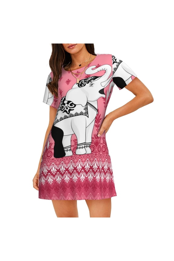 Thai elephant Print Nightgowns for Women,Soft Short-Sleeved Lightweight Sleepwear, Loose Sleepshirts