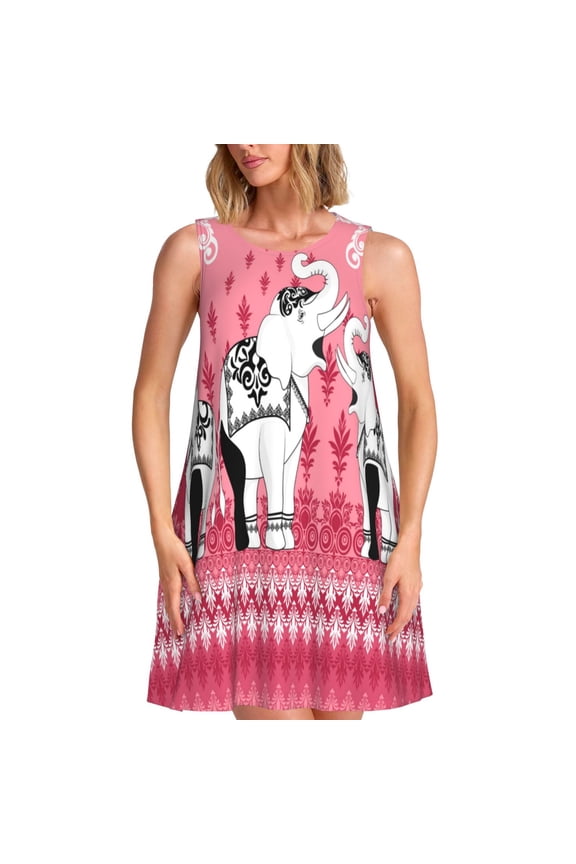 Thai elephant Print Summer Dresses for Women,Beach Sleeveless Flowy Pocket Tshirt Tank Sundresses,Women's Sleeveless Dress