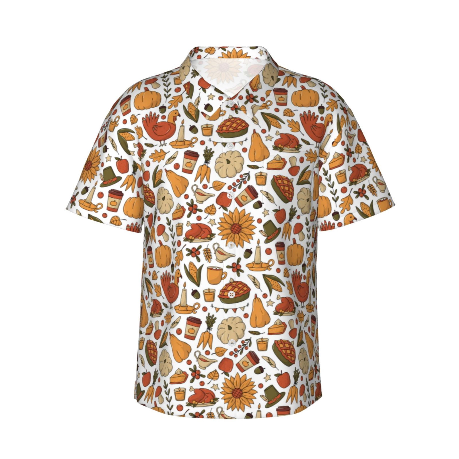 Logiee Thanksgiving Food Print Mens Hawaiian Shirts,Loose-Fit Short Sleeve Button Down Tropical Aloha Beach Shirt,Summer Vacation Wedding Tops,Small