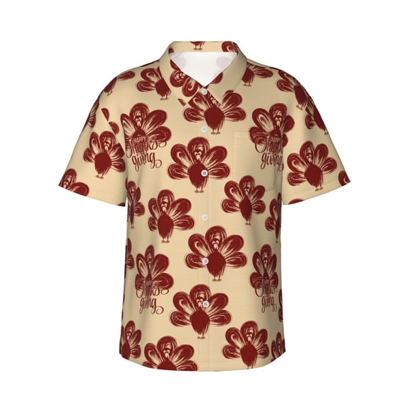 Logiee Thanksgiving Sketch Turkey Print Mens Hawaiian Shirts,Loose-Fit Short Sleeve Button Down Tropical Aloha Beach Shirt,Summer Vacation Wedding Tops,Small