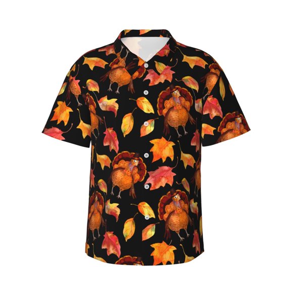 Logiee Thanksgiving Turkey 1 Print Mens Hawaiian Shirts,Loose-Fit Short Sleeve Button Down Tropical Aloha Beach Shirt,Summer Vacation Wedding Tops,Large