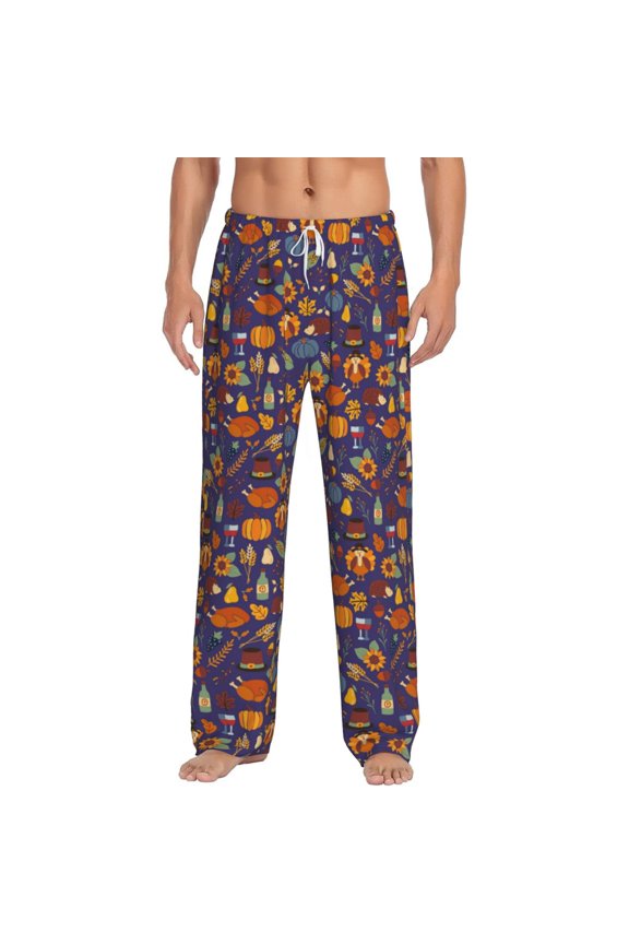 Thanksgiving Turkey 2 Print Pajama Pants for Men,Men’s Pajama Bottoms,Mens PJ Pants with Pockets & Button Fly-XX-Large