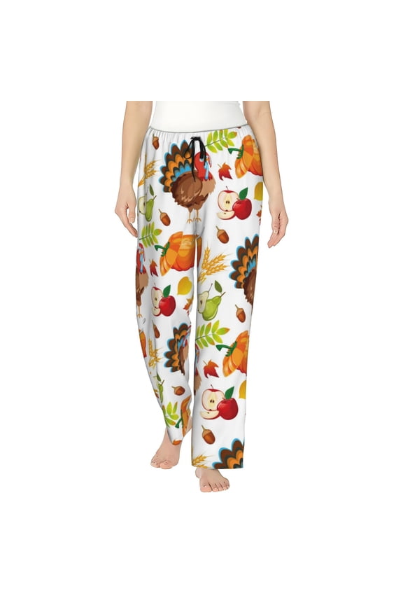 Thanksgiving Turkey Print Women Pajama Pants,Comfy Pj Bottom with Pockets & Drawstring,Stretch Casual Sleepwear-X-Large