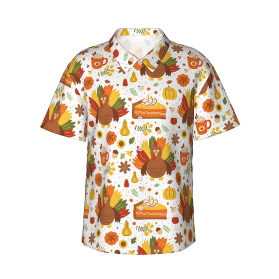 Logiee Thanksgiving With Turkey Print Mens Hawaiian Shirts,Loose-Fit Short Sleeve Button Down Tropical Aloha Beach Shirt,Summer Vacation Wedding Tops,3X-Large