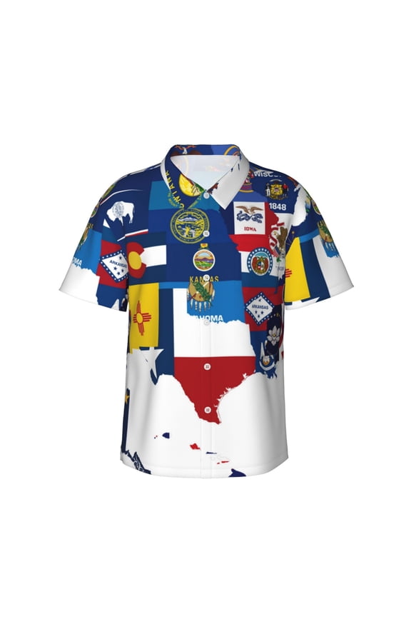 The Map Of United States Print Mens Hawaiian Shirts,Loose-Fit Short Sleeve Button Down Tropical Aloha Beach Shirt,Summer Vacation Wedding Tops,XX-Large