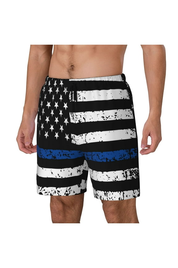 Thin Blue Line Flag Print Men's Swim Trunk,Quick Dry Board Shorts ,Men's Swim Trunks with Compression Liner, Bathing Suits with Pockets-XX-Large