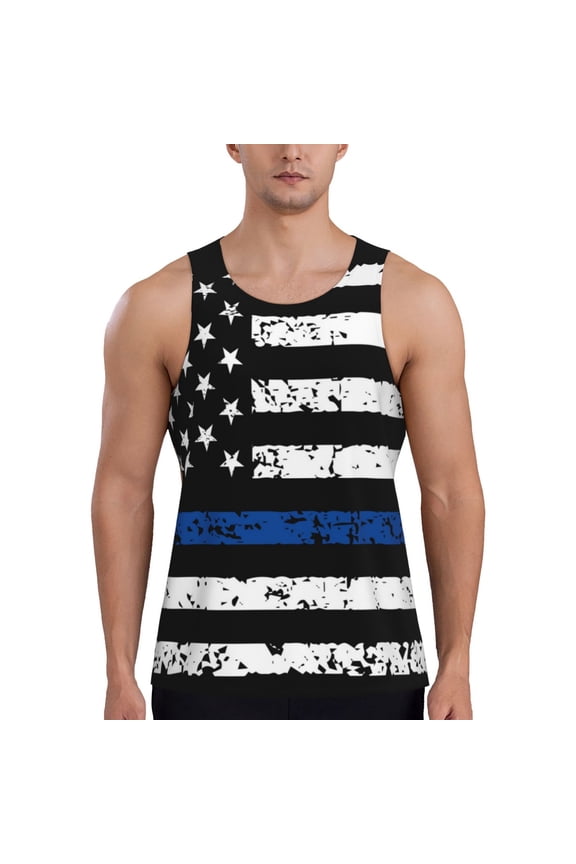 Thin Blue Line Flag Print Men's Workout Tank Top,Quick Dry Workout Tank Top,Gym Muscle Tee,Fitness Bodybuilding Sleeveless T Shirt-Medium