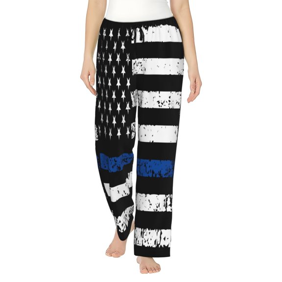 Logiee Thin Blue Line Flag Print Women Pajama Pants,Comfy Pj Bottom with Pockets & Drawstring,Stretch Casual Sleepwear-Medium