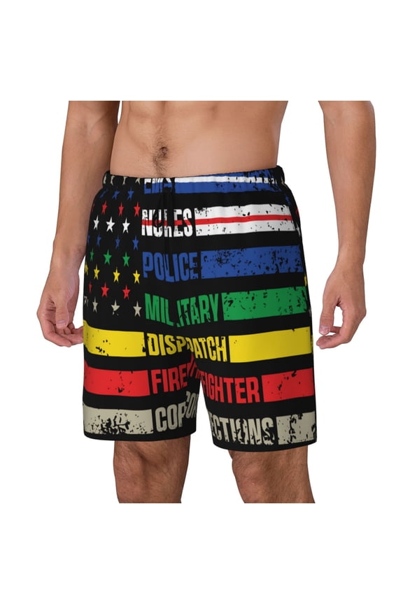 Thin Green Line With USA Flag Print Men's Swim Trunk,Quick Dry Board Shorts ,Men's Swim Trunks with Compression Liner, Bathing Suits with Pockets-Large