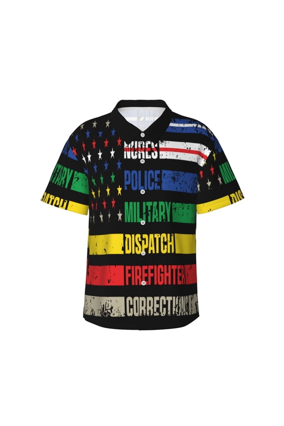 Thin Green Line With USA Flag Print Mens Hawaiian Shirts,Loose-Fit Short Sleeve Button Down Tropical Aloha Beach Shirt,Summer Vacation Wedding Tops,Small