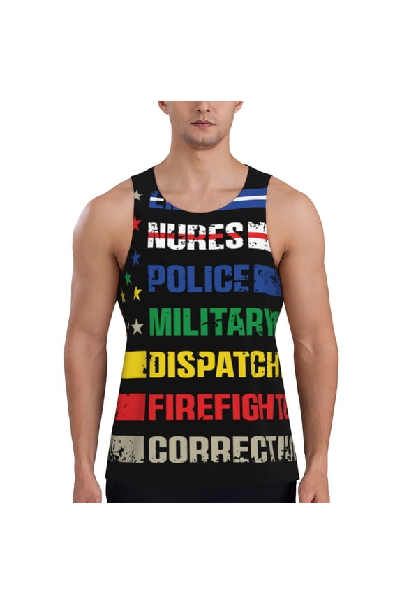 Thin Green Line With USA Flag Print Men's Workout Tank Top,Quick Dry Workout Tank Top,Gym Muscle Tee,Fitness Bodybuilding Sleeveless T Shirt-Medium