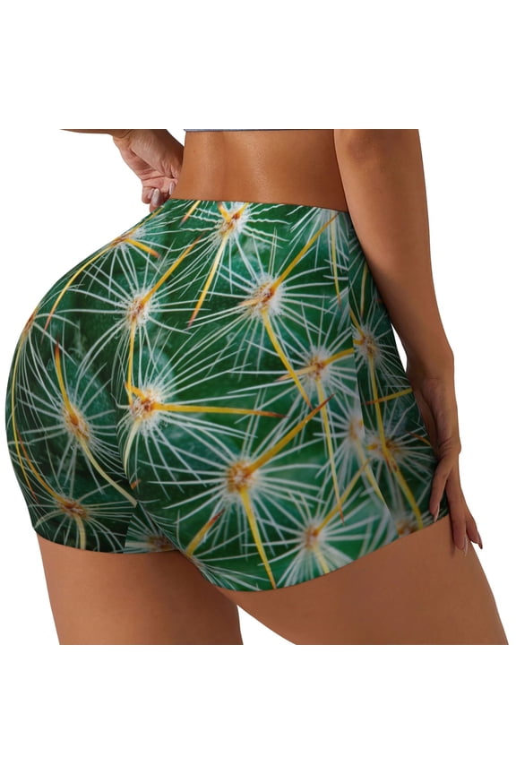 Thorns Of Macro Cactus Print Women's Biker Shorts,Workout Gym Shorts,Scrunch Shorts,Tummy Control Hidden Scrunch Running Yoga Shorts-Large