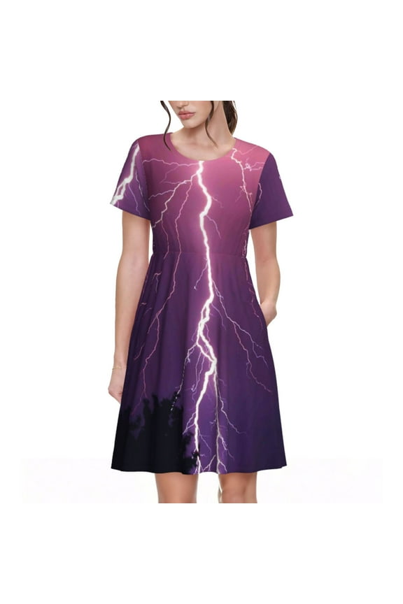 Thunderstorm Violet Purple Print Womens Summer Dress,Casual Short Sleeve Sundresses,Beach A-line Shift Dress with Pockets