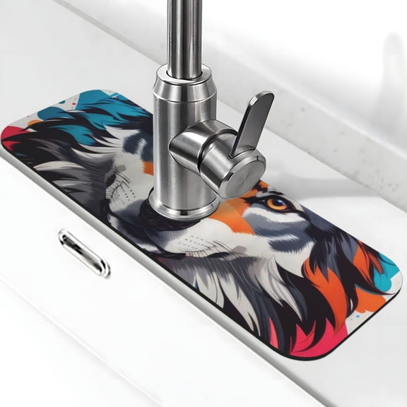 Logiee Tie-Dye Wolf Head Print Kitchen Sink Splash Guard Faucet Mat for Splash Guard Behind Faucet Drip Catcher for Kitchen,Bathroom,Sink Mat,Dish Drying Mat,Bathroom-15" X 5.5"