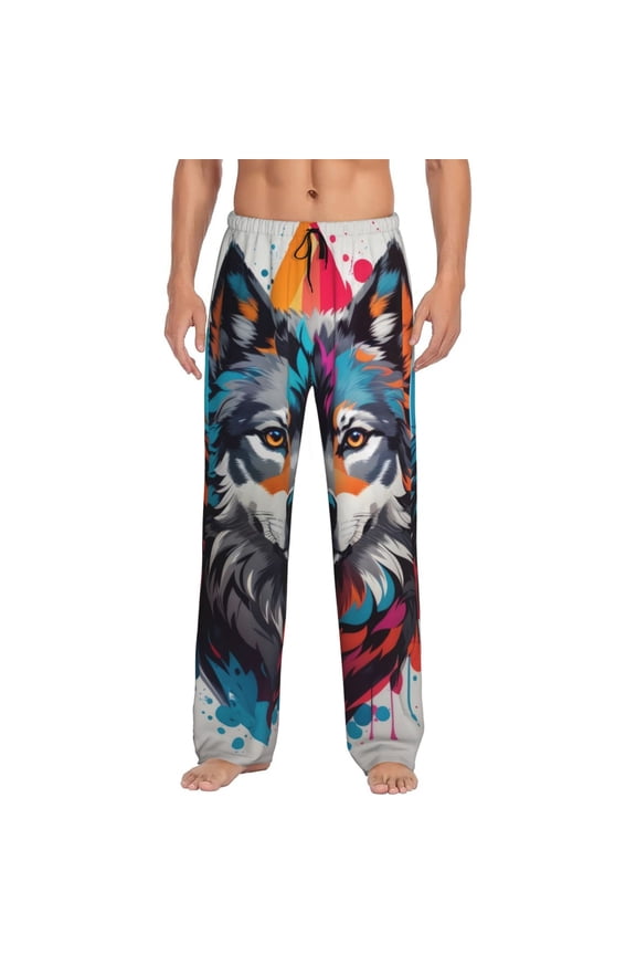 Tie-Dye Wolf Head Print Pajama Pants for Men,Men’s Pajama Bottoms,Mens PJ Pants with Pockets & Button Fly-X-Large