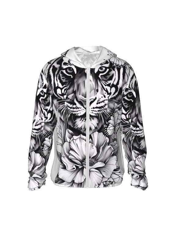 Tiger Butterfly Floral Art Print Men's Women Light Jacket Full Zip Sun Protection Hoodie Long Sleeve Sun Shirts for Men Hiking Fishing Zip Pockets-Medium