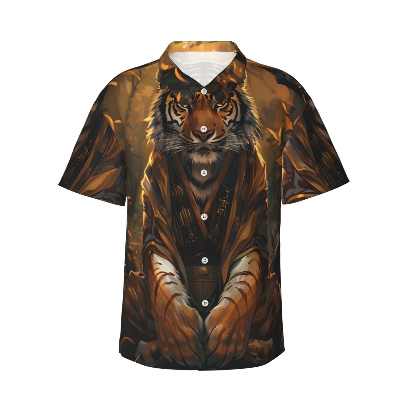 Logiee Tiger In The Fallen Leaf Forest Print Mens Hawaiian Shirts,Loose-Fit Short Sleeve Button Down Tropical Aloha Beach Shirt,Summer Vacation Wedding Tops,Small