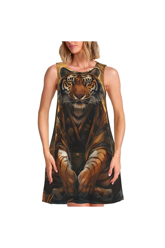 Tiger In The Fallen Leaf Forest Print Summer Dresses for Women,Beach Sleeveless Flowy Pocket Tshirt Tank Sundresses,Women's Sleeveless Dress