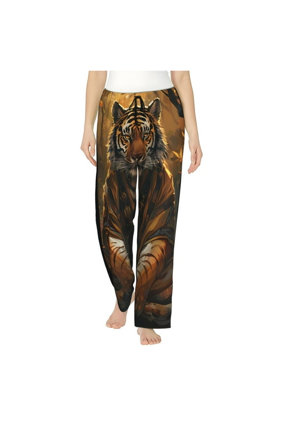 Tiger In The Fallen Leaf Forest Print Women Pajama Pants,Comfy Pj Bottom with Pockets & Drawstring,Stretch Casual Sleepwear-Small