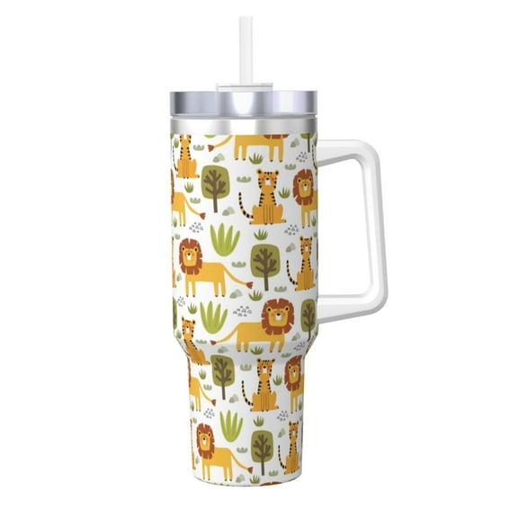Logiee Tiger Lion Print 40OZ Ice Bully Cup with Handle and Straw, Double Wall Stainless Steel Tumbler,Travel Coffee Cup with Lid, Summer Insulation and Cooling Cup