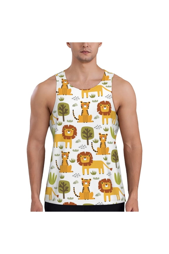 Tiger Lion Print Men's Workout Tank Top,Quick Dry Workout Tank Top,Gym Muscle Tee,Fitness Bodybuilding Sleeveless T Shirt-Large