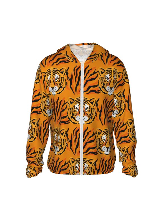 Tiger Print Men's Women Light Jacket Full Zip Sun Protection Hoodie Long Sleeve Sun Shirts for Men Hiking Fishing Zip Pockets-3X-Large