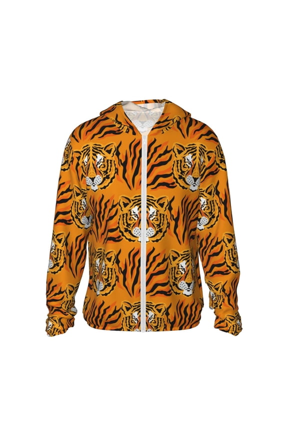Tiger Print Men's Women Light Jacket Full Zip Sun Protection Hoodie Long Sleeve Sun Shirts for Men Hiking Fishing Zip Pockets-X-Large