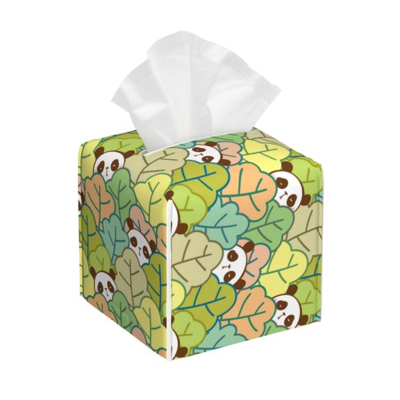 Logiee Tissue Box Cover 5X5X5'' PU Leather Tissue Holder Square Tissue Cube Box Organizer for Bathroom Vanity Countertop,Car,Night Stands,Office,Home,Kitchen (Cartoon Panda And Leaf)