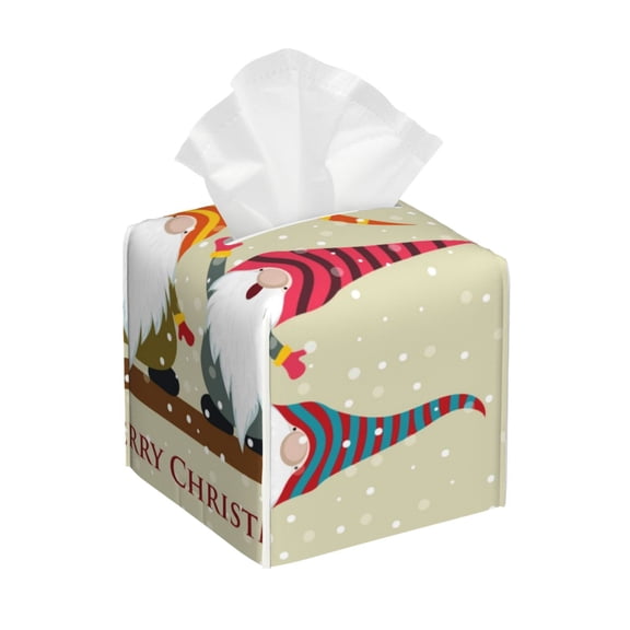 Logiee Tissue Box Cover 5X5X5'' PU Leather Tissue Holder Square Tissue Cube Box Organizer for Bathroom Vanity Countertop,Car,Night Stands,Office,Home,Kitchen (Christmas Card With Gnomes)