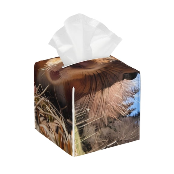 Logiee Tissue Box Cover 5X5X5'' PU Leather Tissue Holder Square Tissue Cube Box Organizer for Bathroom Vanity Countertop,Car,Night Stands,Office,Home,Kitchen (Close-Up Curious Squirrel)