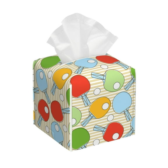 Logiee Tissue Box Cover 5X5X5'' PU Leather Tissue Holder Square Tissue Cube Box Organizer for Bathroom Vanity Countertop,Car,Night Stands,Office,Home,Kitchen (Colorful Ping Pong Rackets1)