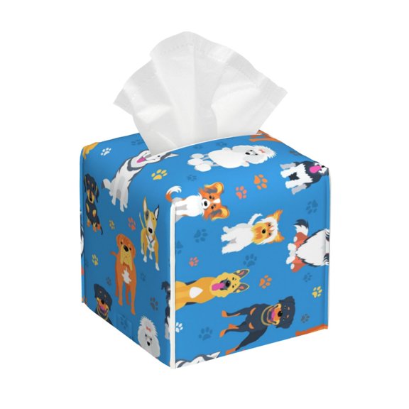 Logiee Tissue Box Cover 5X5X5'' PU Leather Tissue Holder Square Tissue Cube Box Organizer for Bathroom Vanity Countertop,Car,Night Stands,Office,Home,Kitchen (Cute Dogs)