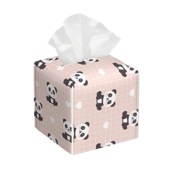 Logiee Tissue Box Cover 5X5X5'' PU Leather Tissue Holder Square Tissue Cube Box Organizer for Bathroom Vanity Countertop,Car,Night Stands,Office,Home,Kitchen (Cute Panda)