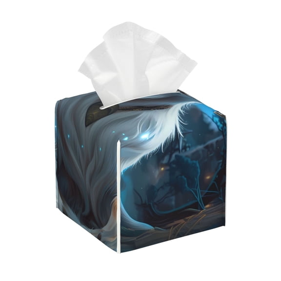 Logiee Tissue Box Cover 5X5X5'' PU Leather Tissue Holder Square Tissue Cube Box Organizer for Bathroom Vanity Countertop,Car,Night Stands,Office,Home,Kitchen (Forest Meditating Goat)