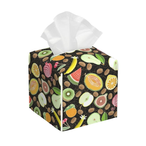 Logiee Tissue Box Cover 5X5X5'' PU Leather Tissue Holder Square Tissue Cube Box Organizer for Bathroom Vanity Countertop,Car,Night Stands,Office,Home,Kitchen (Fruits)