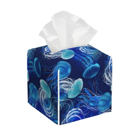 Logiee Tissue Box Cover 5X5X5'' PU Leather Tissue Holder Square Tissue Cube Box Organizer for Bathroom Vanity Countertop,Car,Night Stands,Office,Home,Kitchen (Glowing Jellyfish Pattern)
