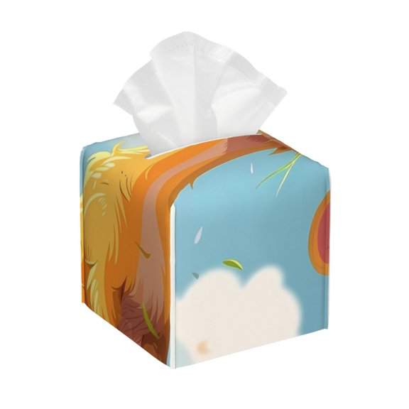 Logiee Tissue Box Cover 5X5X5'' PU Leather Tissue Holder Square Tissue Cube Box Organizer for Bathroom Vanity Countertop,Car,Night Stands,Office,Home,Kitchen (Happy Goat In Meadow)
