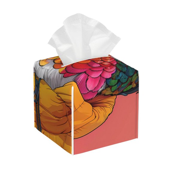 Logiee Tissue Box Cover 5X5X5'' PU Leather Tissue Holder Square Tissue Cube Box Organizer for Bathroom Vanity Countertop,Car,Night Stands,Office,Home,Kitchen (Hip Hummingbird In Jacket)