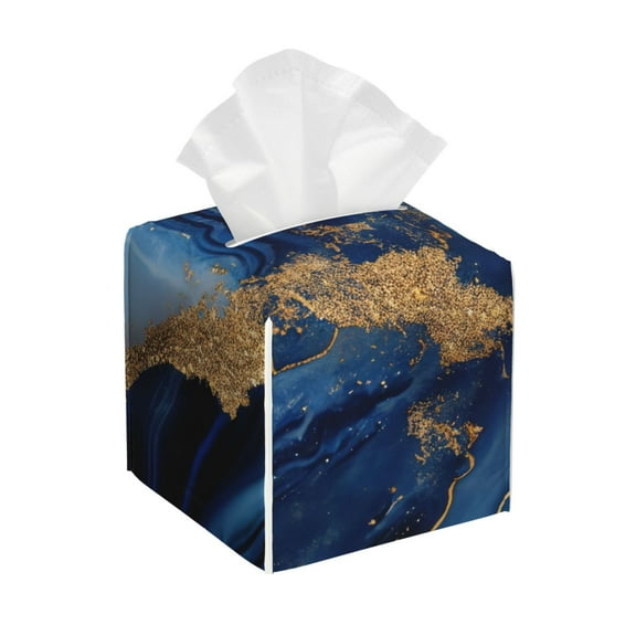 Logiee Tissue Box Cover 5X5X5'' PU Leather Tissue Holder Square Tissue Cube Box Organizer for Bathroom Vanity Countertop,Car,Night Stands,Office,Home,Kitchen (Navy Blue Marble)