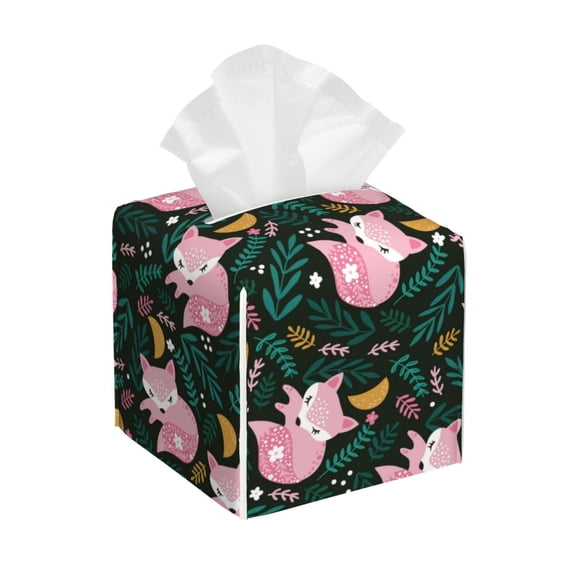 Logiee Tissue Box Cover 5X5X5'' PU Leather Tissue Holder Square Tissue Cube Box Organizer for Bathroom Vanity Countertop,Car,Night Stands,Office,Home,Kitchen (Pink Sleeping Fox)