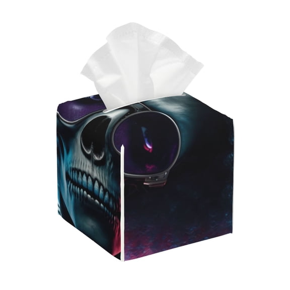 Logiee Tissue Box Cover 5X5X5'' PU Leather Tissue Holder Square Tissue Cube Box Organizer for Bathroom Vanity Countertop,Car,Night Stands,Office,Home,Kitchen (Punk Style Blue Haired Skull)